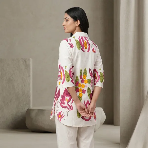 White_Khadi_Cotton_Relaxed_Floral_Print_Tunic_Set_For_Women