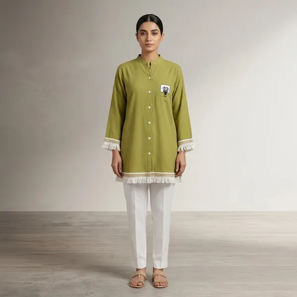 Olive_Crepe_Relaxed_Embroidered_Tassel_Kurta_For_Women