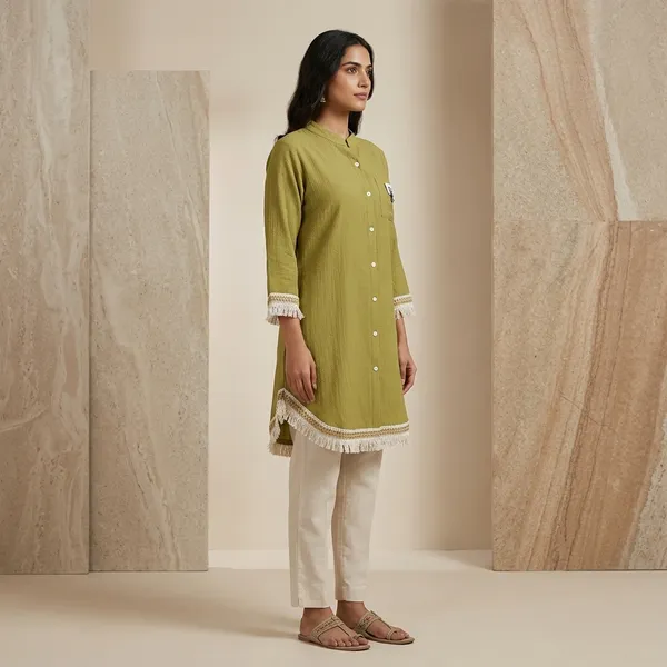 Olive_Crepe_Relaxed_Embroidered_Tassel_Kurta_For_Women