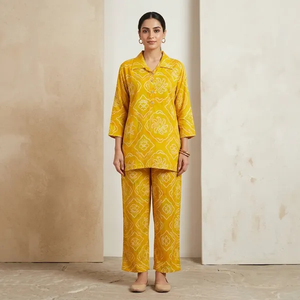 Yellow_Rayon_Bandhani_Print_Relaxed_Kurta_Pant_Set_For_Women