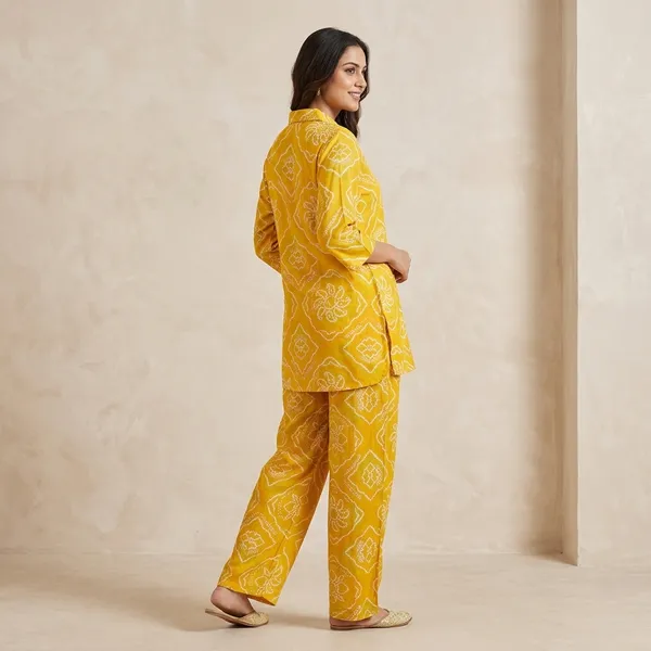 Yellow_Rayon_Bandhani_Print_Relaxed_Kurta_Pant_Set_For_Women