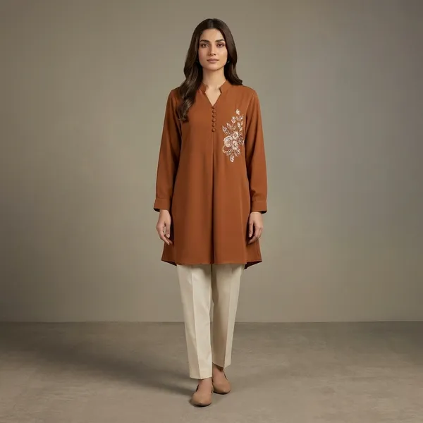 Brown_Crepe_A_Line_Floral_Embroidered_Kurta_For_Women