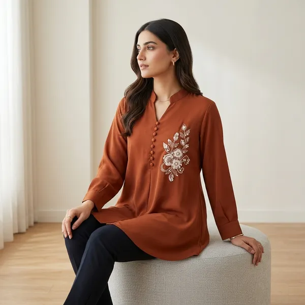Brown_Crepe_A_Line_Floral_Embroidered_Kurta_For_Women
