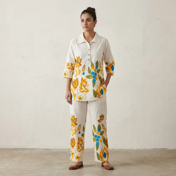 White_Khadi_Cotton_Floral_Print_Shirt_And_Pants_Set_For_Women