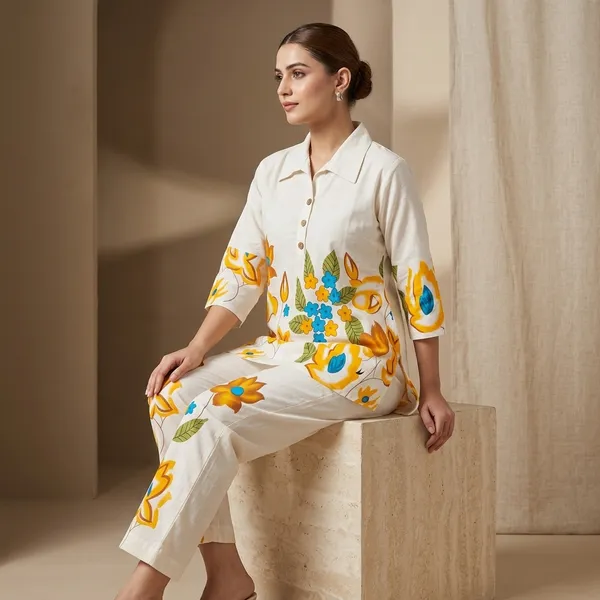 White_Khadi_Cotton_Floral_Print_Shirt_And_Pants_Set_For_Women