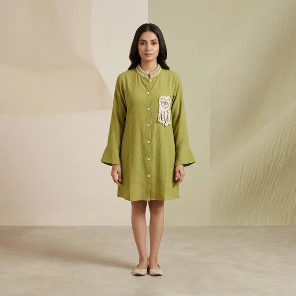 Green_Crepe_Sleeveless_Button_Down_Shirt_For_Women
