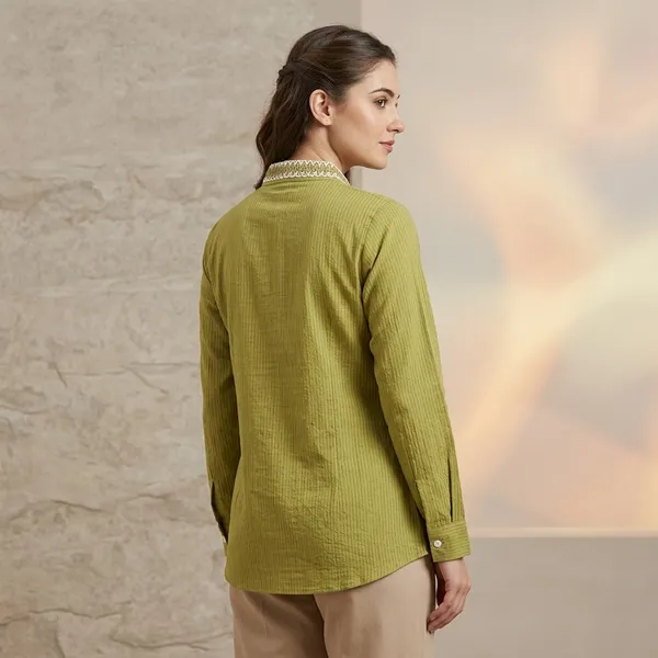 Green_Crepe_Sleeveless_Button_Down_Shirt_For_Women
