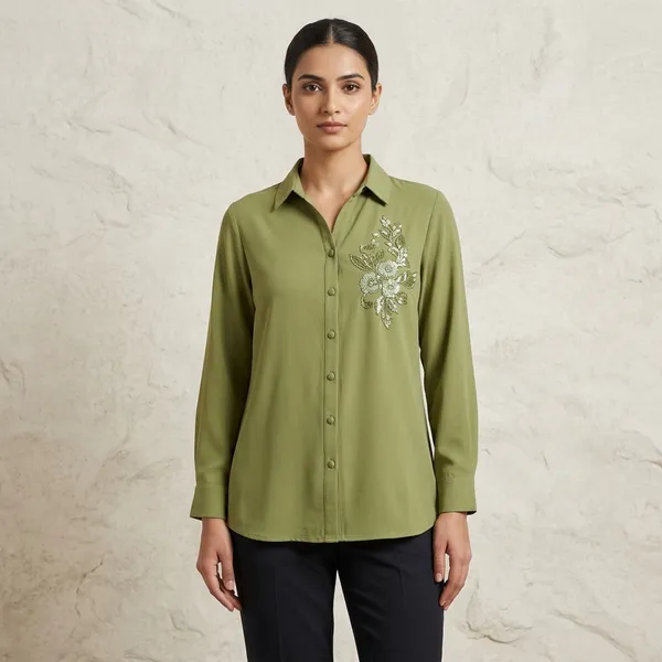 Green_Crepe_Relaxed_Full_Sleeve_Embellished_Top_For_Women