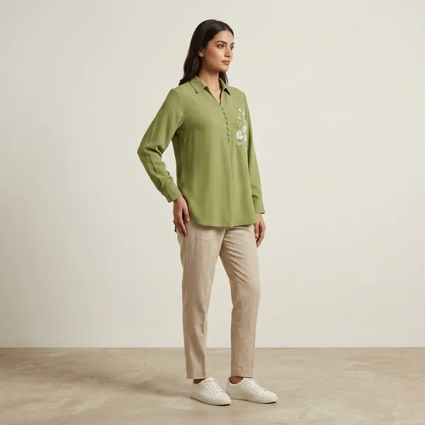 Green_Crepe_Relaxed_Full_Sleeve_Embellished_Top_For_Women