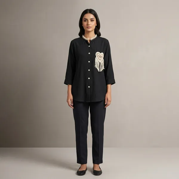 Black_Crepe_Relaxed_Embroidered_Pocket_Shirt_For_Women