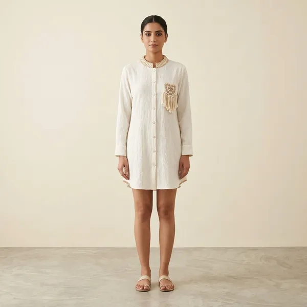 White_Crepe_Relaxed_Embroidered_Tassel_Kurta_For_Women