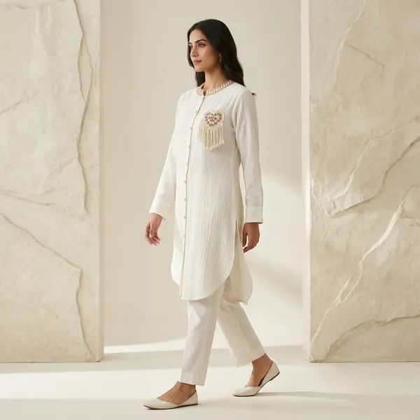 White_Crepe_Relaxed_Embroidered_Tassel_Kurta_For_Women
