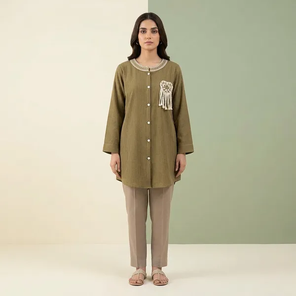 Olive_Green_Crepe_Textured_Full_Sleeve_Top_For_Women