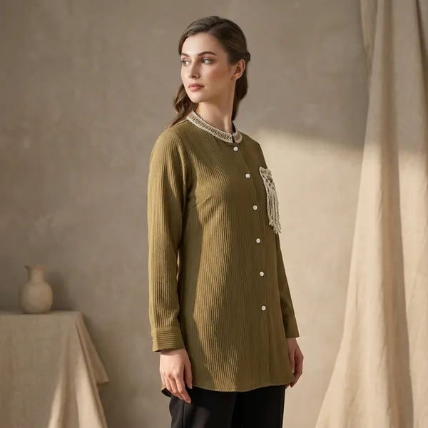 Olive_Green_Crepe_Textured_Full_Sleeve_Top_For_Women