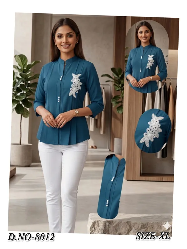 Teal_Blue_Cotton_Floral_Embroidered_Top_For_Women