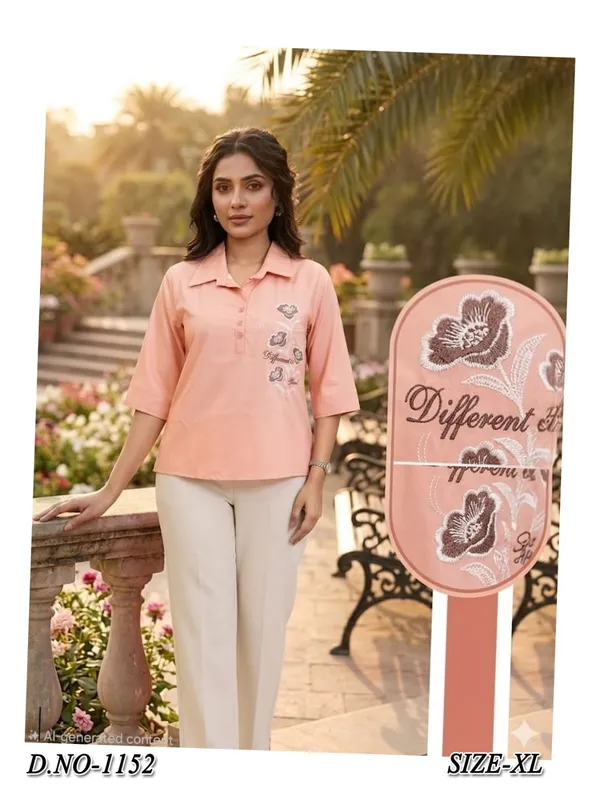 Peach_Crepe_Relaxed_Embroidered_Polo_Collar_Top_For_Women
