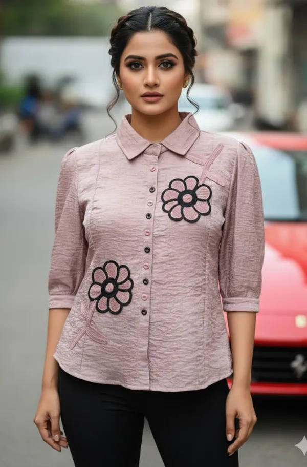 Pink_Crepe_Floral_Embroidered_Collared_Shirt_For_Women