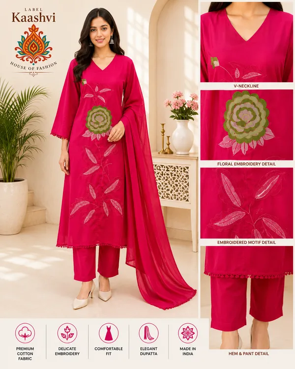 Hot_Pink_Cotton_Kurta_Pant_Dupatta_For_Women