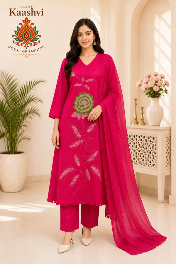 Hot_Pink_Cotton_Kurta_Pant_Dupatta_For_Women