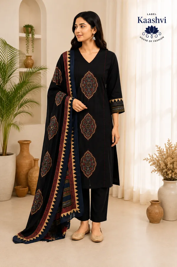 Midnight_Black_Cotton_Kurta_Pant_Dupatta_For_Women