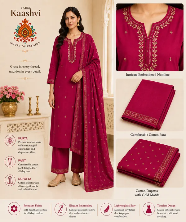 Royal_Magenta_Cotton_Kurta_Pant_Dupatta_For_Women