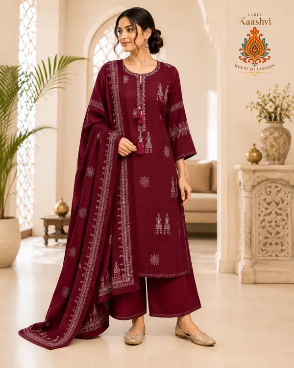 Maroon_Cotton_Kurta_Palazzo_Dupatta_For_Women