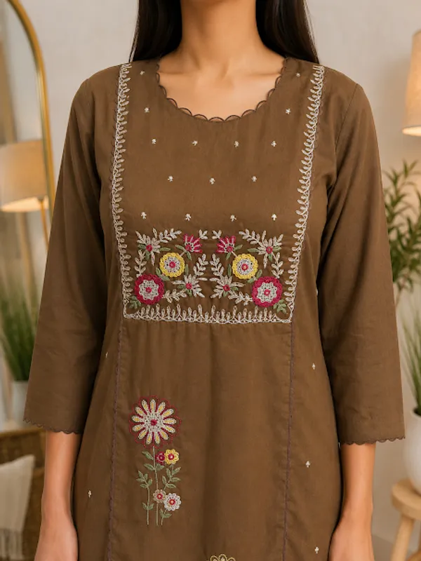 Mocha_Brown_Cotton_Kurta_Pant_Dupatta_For_Women