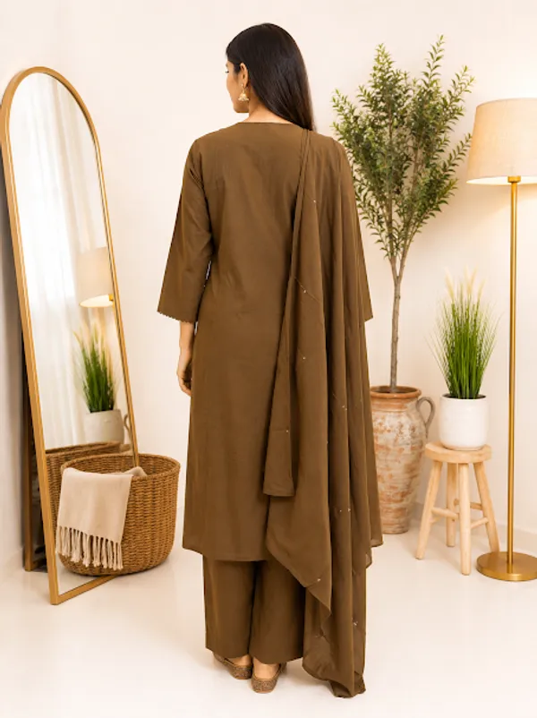 Mocha_Brown_Cotton_Kurta_Pant_Dupatta_For_Women