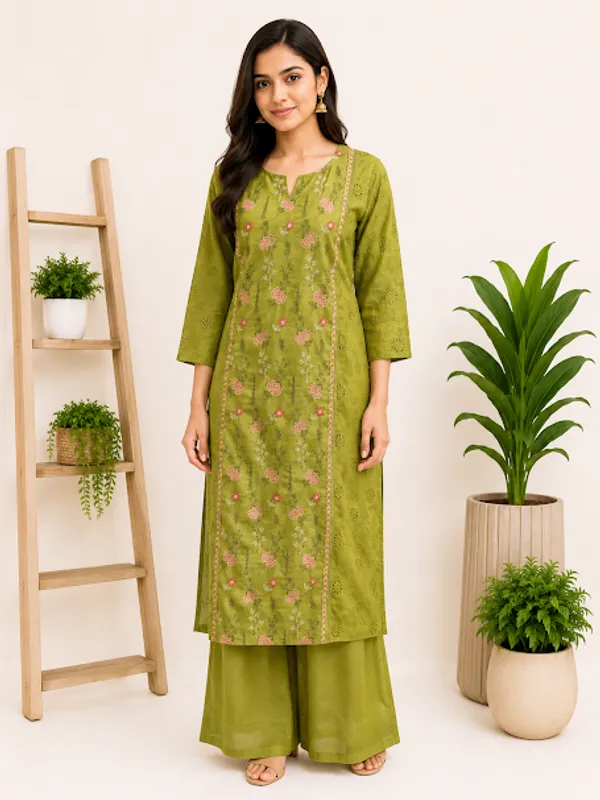 Olive_Green_Cotton_Kurta_Palazzo_Dupatta_For_Women