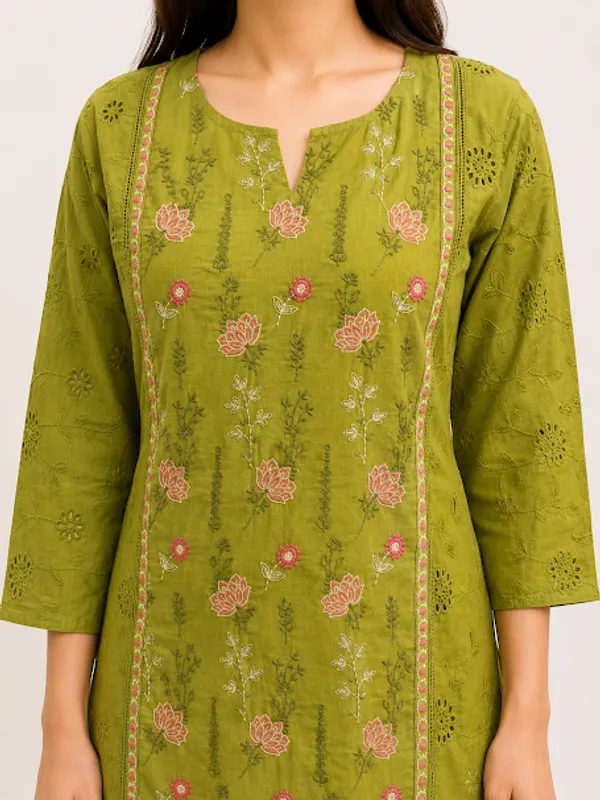 Olive_Green_Cotton_Kurta_Palazzo_Dupatta_For_Women