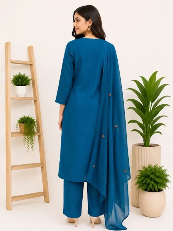 Peacock_Blue_Cotton_Kurta_Pant_Dupatta_For_Women