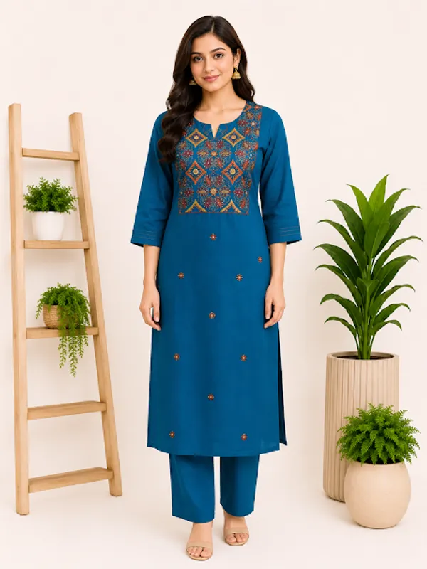 Peacock_Blue_Cotton_Kurta_Pant_Dupatta_For_Women