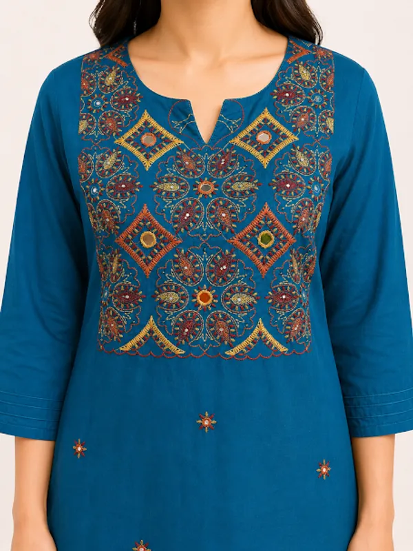 Peacock_Blue_Cotton_Kurta_Pant_Dupatta_For_Women
