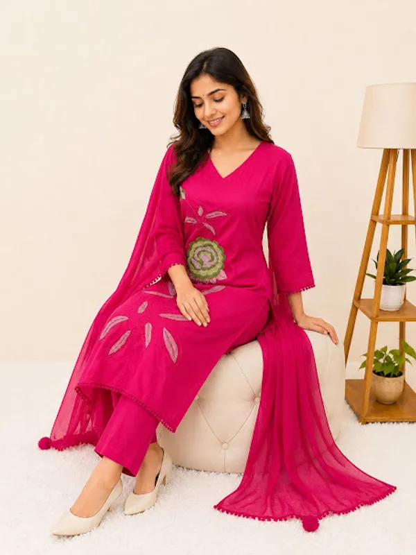 Hot_Pink_Cotton_Kurta_Pant_Dupatta_For_Women