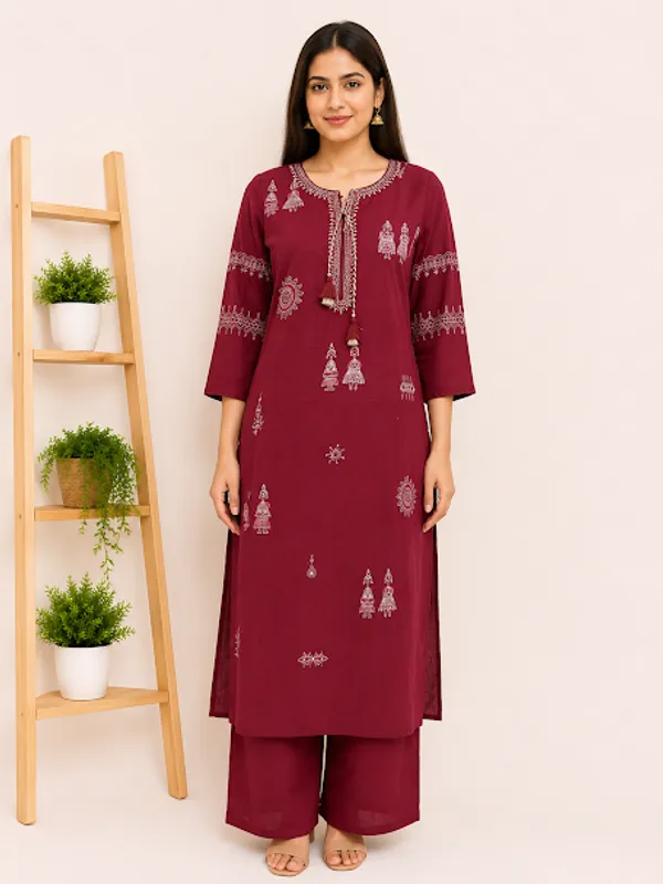 Maroon_Cotton_Kurta_Palazzo_Dupatta_For_Women