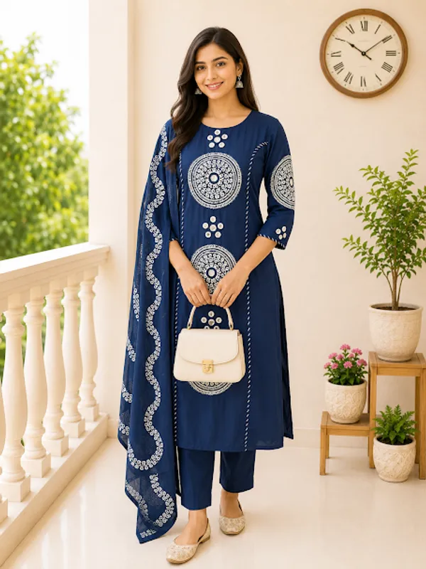 Royal_Indigo_Cotton_Kurta_Pant_Dupatta_For_Women