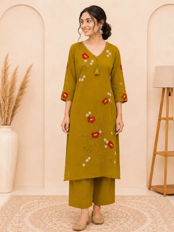 Mehandi_Green_Cotton_Kurta_Pant_Dupatta_For_Women