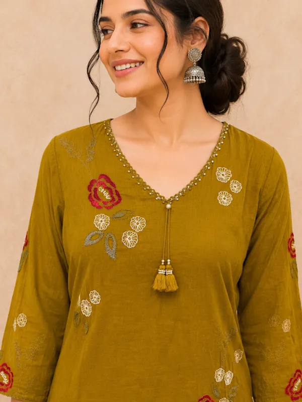 Mehandi_Green_Cotton_Kurta_Pant_Dupatta_For_Women