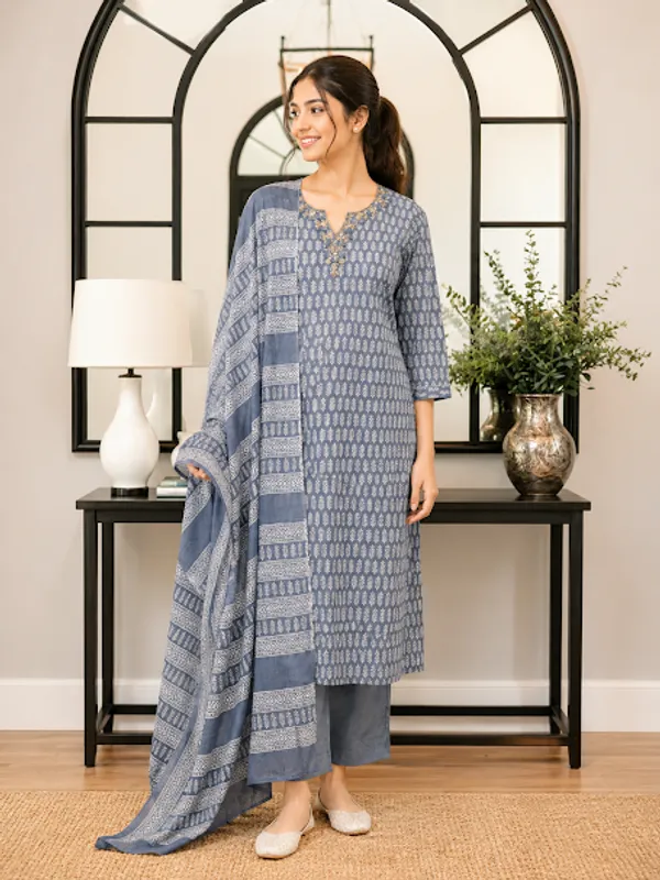 Slate_Blue_Cotton_Kurta_Pant_Dupatta_For_Women
