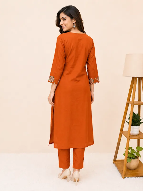 Rust_Orange_Cotton_Kurta_Pant_Dupatta_For_Women