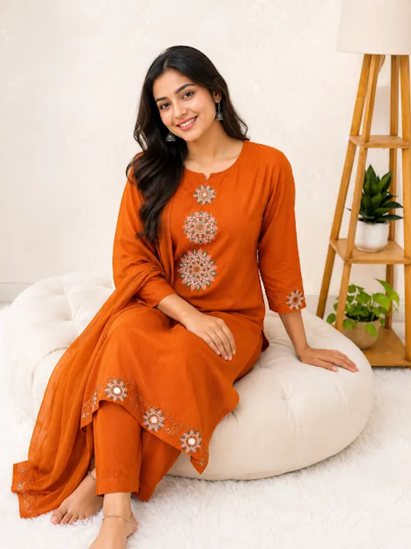 Rust_Orange_Cotton_Kurta_Pant_Dupatta_For_Women