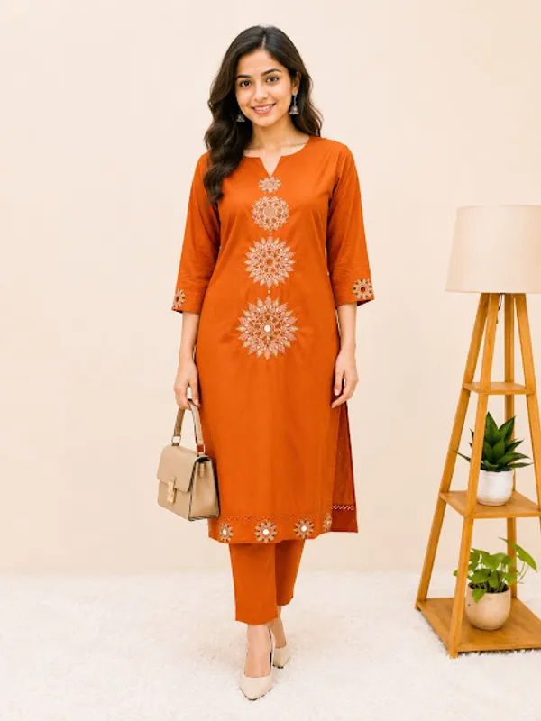 Rust_Orange_Cotton_Kurta_Pant_Dupatta_For_Women