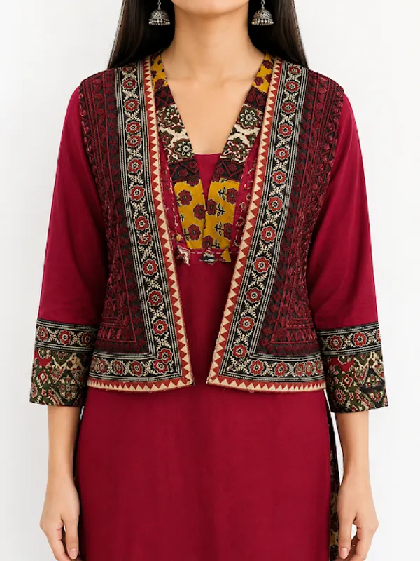 Royal_Maroon_Cotton_Kurta_Palazzo_Shrug_Koti_For_Women