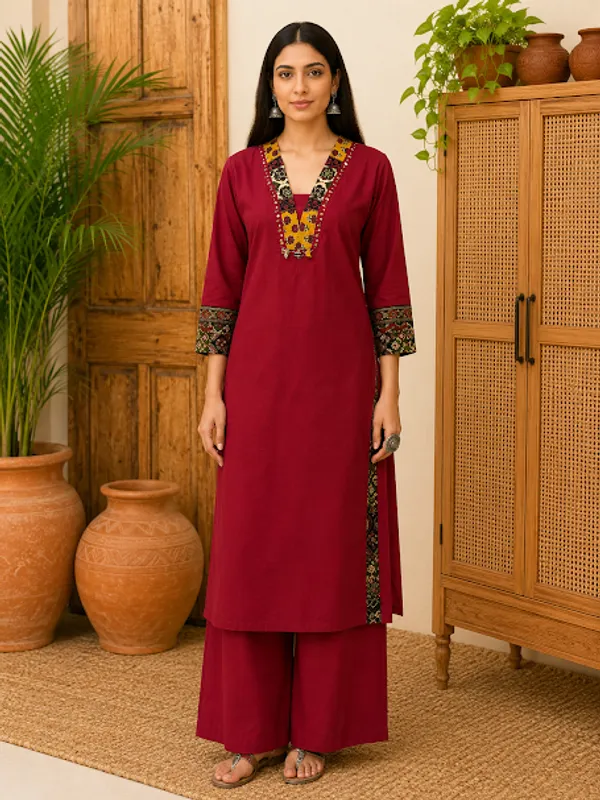 Royal_Maroon_Cotton_Kurta_Palazzo_Shrug_Koti_For_Women