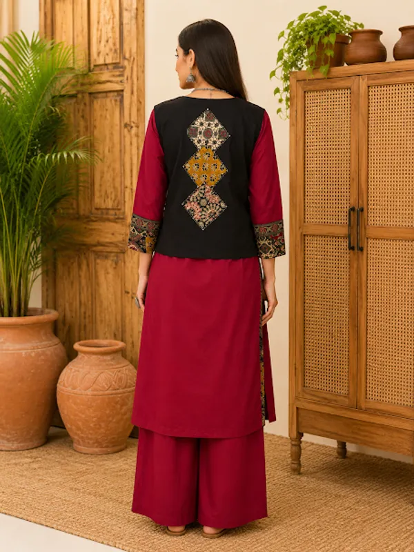 Royal_Maroon_Cotton_Kurta_Palazzo_Shrug_Koti_For_Women