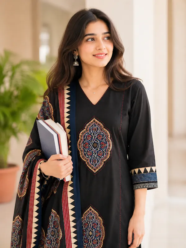 Midnight_Black_Cotton_Kurta_Pant_Dupatta_For_Women