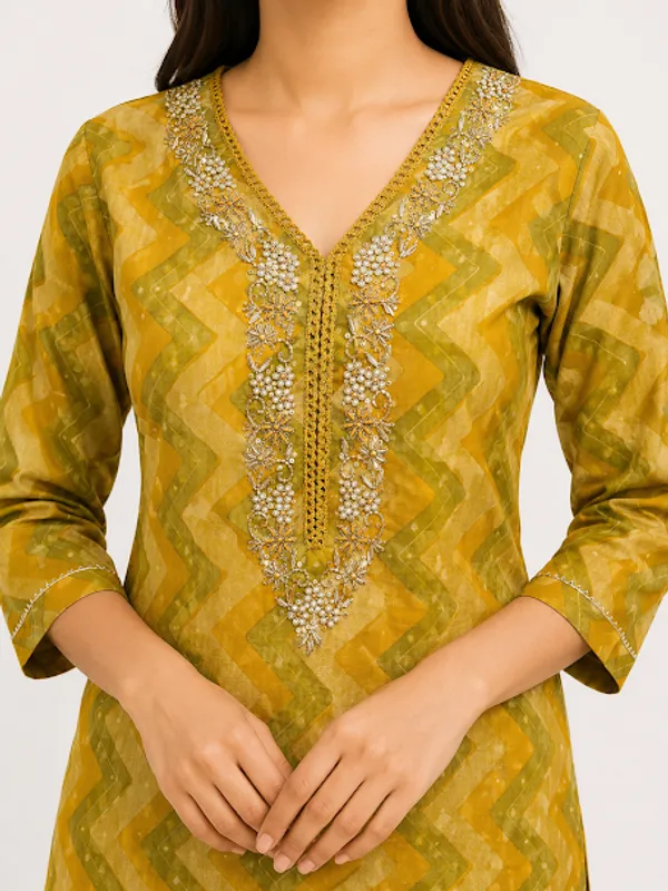 Mustard_Olive_Cotton_Kurta_Pant_Dupatta_For_Women