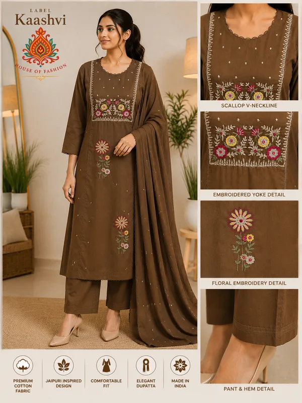 Mocha_Brown_Cotton_Kurta_Pant_Dupatta_For_Women