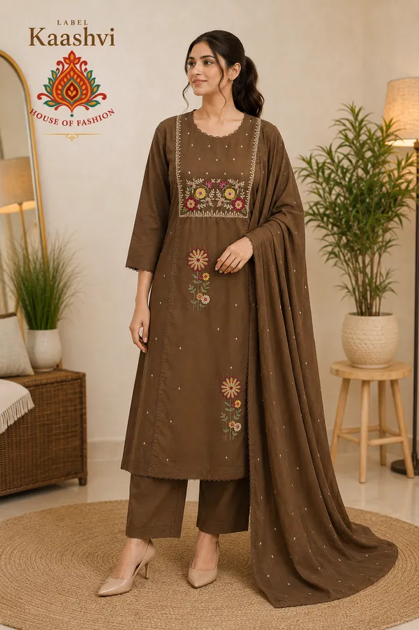 Mocha_Brown_Cotton_Kurta_Pant_Dupatta_For_Women