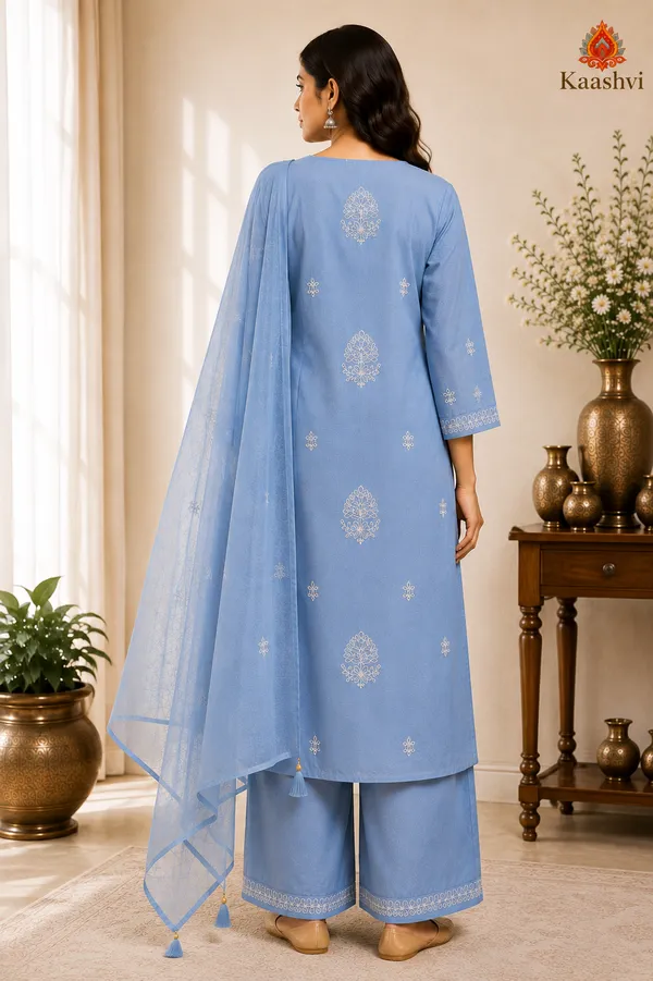 Sky_Blue_Cotton_Kurta_Pant_Dupatta_For_Women
